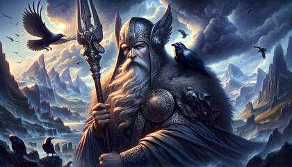 illustration of Odin, the chief god in Norse mythology - obrazy, fototapety, plakaty