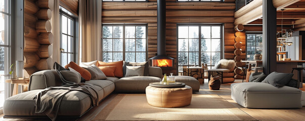 Salon de una cabaña de montaña lujosa con paredes de troncos de madera , chimenea metalica antigua encendida, sofa con rinconera con cojines en tonos neutros y naranjas