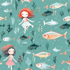 Fototapete Meeresleben surreal cute girls and fish seamless pattern with pastel colour