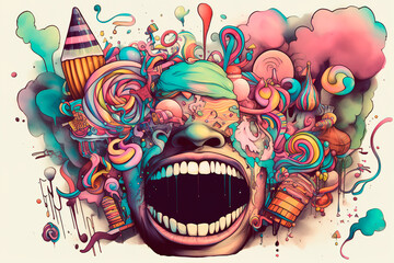 Psychedelic portrait of sweet tooth. Open mouth with many sweets, confectionery