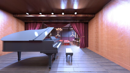 グランドピアノがあるラウンジ　3DCGレンダリング
