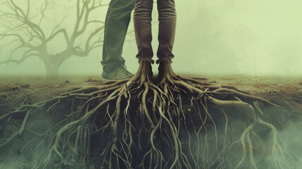 A person stands in the foggy outdoors, their legs and feet rooted like a tree, symbolizing their connection to nature and their strong foundation