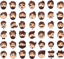 icons sheet of boy with mustache and beard wiharious expression