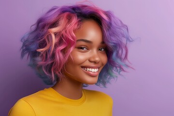Vibrant Portrait of a Cheerful Happy Smiling Young African-American Woman with Colorful Hair Isolated on Light Purple Background. Generative AI.
