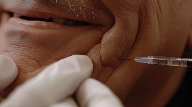 A person bravely receives a needle in their chin, their skin tense with anticipation as medical equipment is expertly handled by a closeup of a healthcare worker's nail and finger