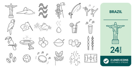 BRAZIL LINE EDITABLE ICONS SET.
WONDERFUL ICONS OF BRAZIL, WEALTH AND BEAUTY.  IMAGES OF RIO DE JANEIRO, CHRIST THE REDEEMER, CARNIVAL, COPACABANA, IPANEMA, SAMBA AND TYPICAL FOODS