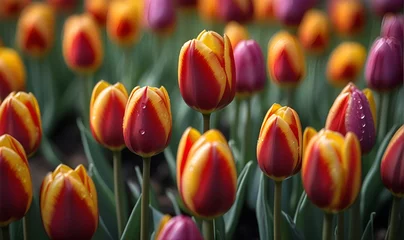 Foto op Plexiglas Donkerrood Tulips, a field of blooming tulip flowers