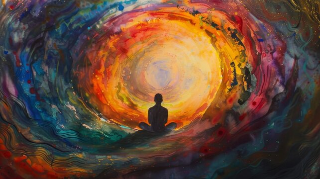 A mesmerizing painting of a figure surrounded by a swirling vortex of water, creating an abstract and contemplative scene