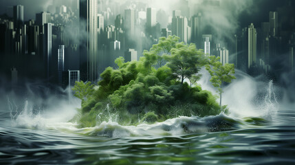 Ville submergée par un torrent d'eau, cataclysme et retour à la nature : concept de changement climatique, montée du niveau de la mer, catastrophe environnementale