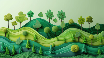 Paysage verdoyant montrant des collines et des arbres en monochrome de vert, idéal pour illustrer les rapports RSE et ESG des entreprises - obrazy, fototapety, plakaty