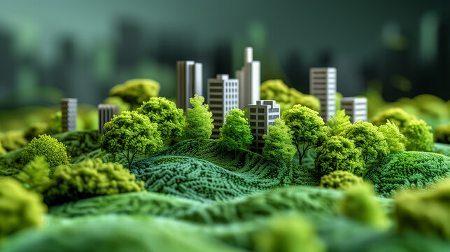 Paysage m&ecirc;lant immeubles d'affaires et nature sauvage : illustration des projets &agrave; impacts et croissance verte des organisations et des entreprises, RSE et d&eacute;veloppement durable au travail