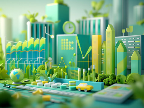 Paysage 3D dans les tons verts m&ecirc;lant centre d'affaire, immeubles en ville, graphiques et nature : rapport ESG et RSE, finances vertes, croissance verte et impact environnemental des entreprises