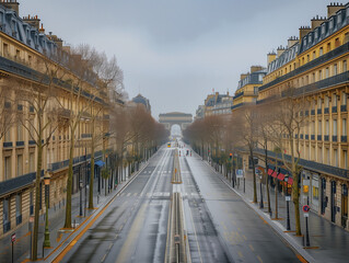 Fototapeta premium Avenue à Paris bordée d'immeubles haussmanniens, patrimoine historique, jour de grisaille après la pluie, automne à Paris