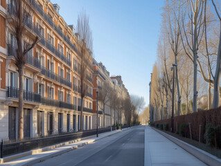 Fototapeta premium Avenue à Paris bordée d'immeubles haussmanniens, patrimoine historique, jour sans nuage 