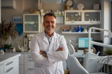 Naklejka na ściany i meble Skilled European Dentist: Male Professional Standing Confidently in Dental Clinic, Ready to Deliver Exceptional Care