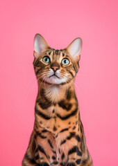 Advertising portrait, vertical banner of bengal cat looks straight, isolated on pink background