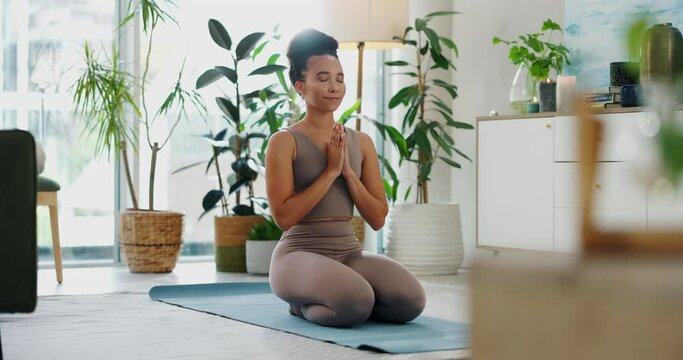 Relax, meditation and woman in living room with plants for peace, balance and spiritual wellness. Mindfulness, zen and yoga with girl on floor in home for holistic exercise, calm mind and body.