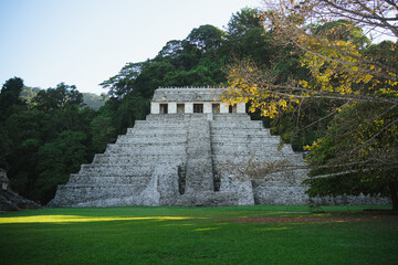 Fototapeta na wymiar Front view of Temple of the Inscriptions in mayan ruins in the site of Palenque, Mexico.