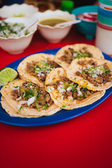 Five street tacos of ground beef in San Cristobal de las Casas, Mexico