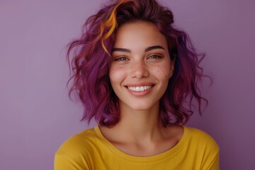 Vibrant Portrait of a Cheerful Happy Smiling Young Irish Woman with Colorful Hair Isolated on Light Purple Background. Generative AI.
