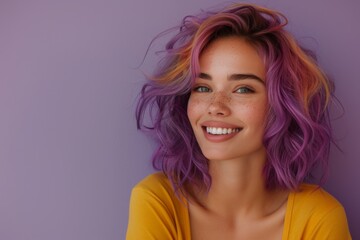 Vibrant Portrait of a Cheerful Happy Smiling Young Irish Woman with Colorful Hair Isolated on Light Purple Background. Generative AI.

