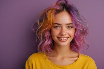 Vibrant Portrait of a Cheerful Happy Smiling Young Irish Woman with Colorful Hair Isolated on Light Purple Background. Generative AI.
