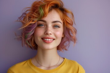 Vibrant Portrait of a Cheerful Happy Smiling Young Irish Woman with Colorful Hair Isolated on Light Purple Background. Generative AI.
