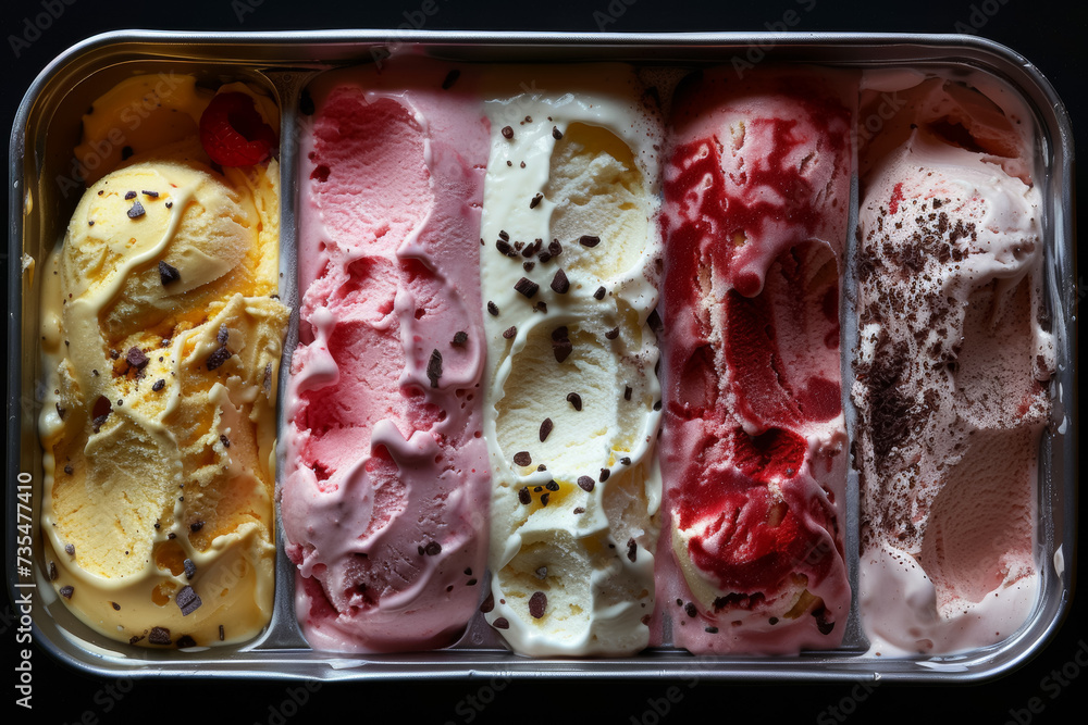 Poster trays with an assortment of different ice creams. background with selective focus and copy space
