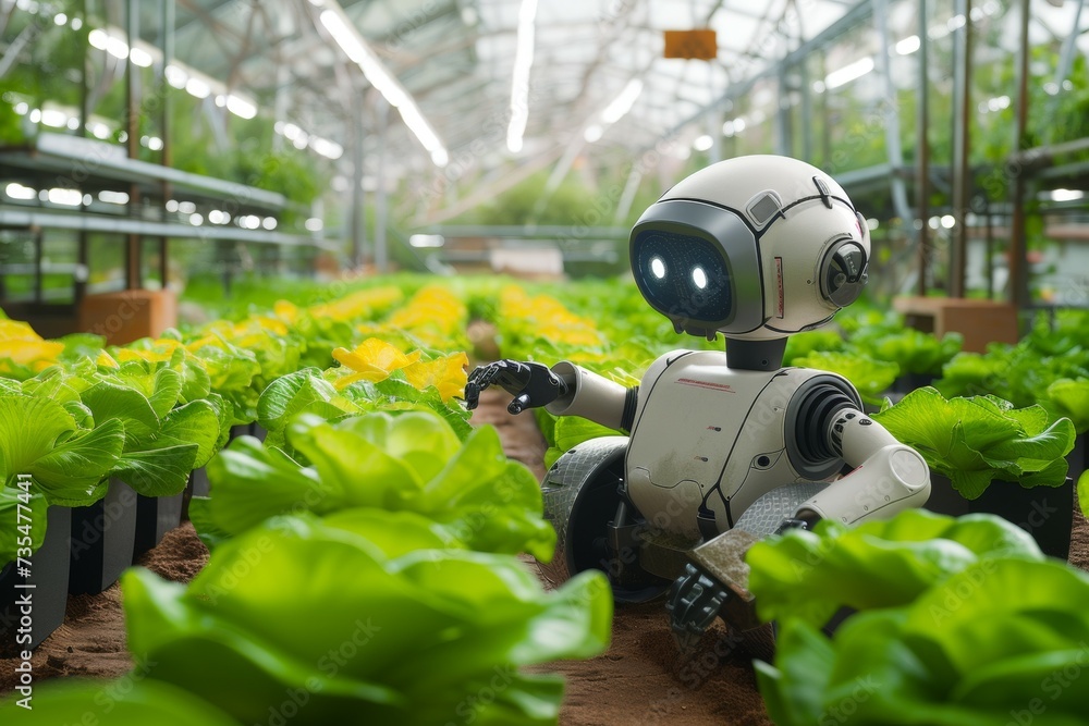 Aufkleber modern greenhouse with robots. background with selective focus and copy space