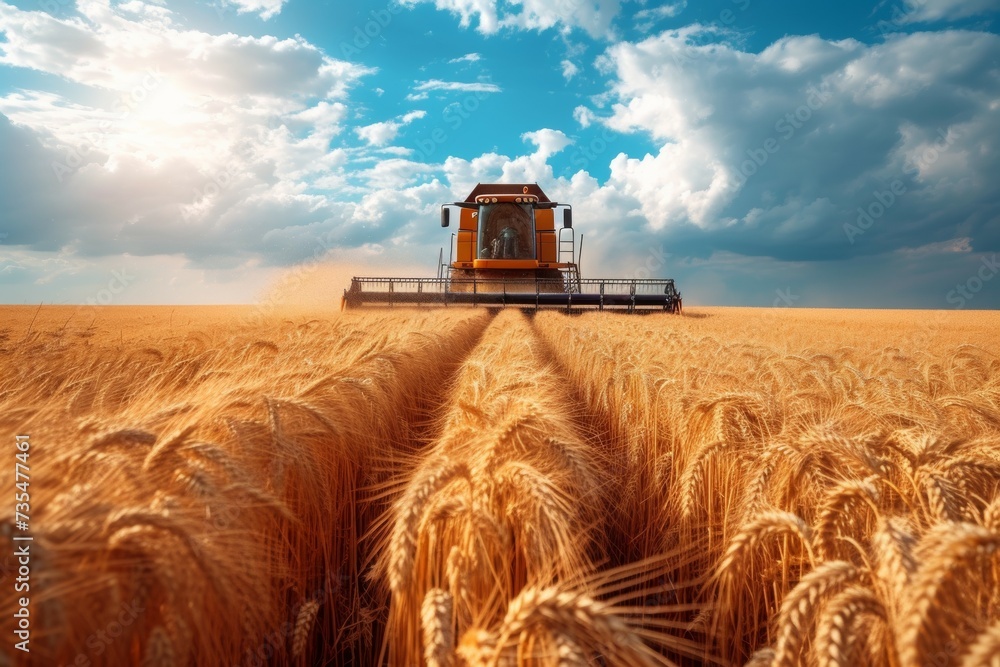 Poster the combine harvests the crop on the field. background with selective focus and copy space