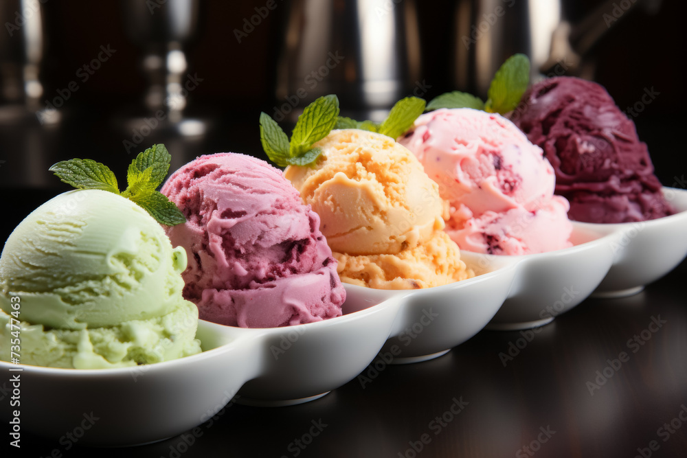 Poster different kinds of ice-cream. background with selective focus and copy space