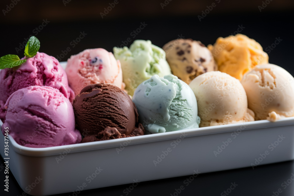 Poster a set of scoops of different ice creams. background with selective focus and copy space