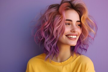 Vibrant Portrait of a Cheerful Happy Smiling Young Irish Woman with Colorful Hair Isolated on Light Purple Background. Generative AI.
