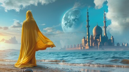 Muslim women wear yellow hijab and dress standing in the beach with bright sky and big full moon in the top of beautyfull mosque palace in ramadan day