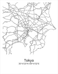 Tokyo city map. Travel poster vector illustration with coordinates. Tokyo, Japan Map in light mode.