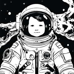 Coloring page outline of astronaut for children. child in a cap. child in the night. child in a helmet.