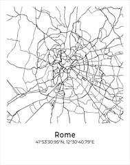 Rome city map. Travel poster vector illustration with coordinates. Rome, Italy Map in light mode.