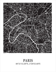 Paris city map. Travel poster vector illustration with coordinates. Paris, France Map in dark mode.