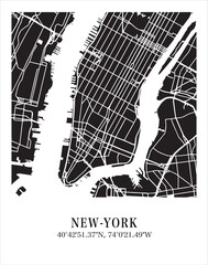 New-York city map. Travel poster vector illustration with coordinates. New-York, Manhattan, The United States Map in dark mode.