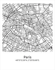 Paris city map. Travel poster vector illustration with coordinates. Paris, France Map in light mode.
