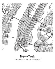 New-York city map. Travel poster vector illustration with coordinates. New-York, Manhattan, The United States Map in light mode.