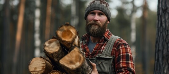 Rugged man with beard in plaid shirt holding a stack of firewood for outdoor bonfire