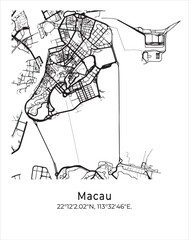 Macau city map. Travel poster vector illustration with coordinates. Macao, China Vector Map in light mode.