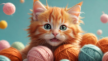 Cute ginger kitten hiding in multicolored wool yarn balls and looking at the camera.Love for pets concept.Generative AI - obrazy, fototapety, plakaty