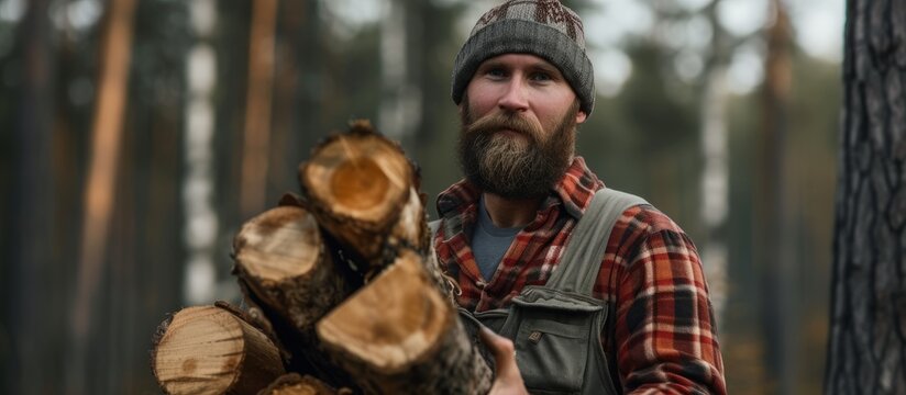 Rugged man with beard in plaid shirt holding a stack of firewood for outdoor bonfire