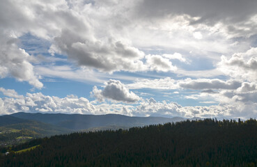 Breathtaking landscape of mountainous terrain. The dense forest that grows on the slopes of the...
