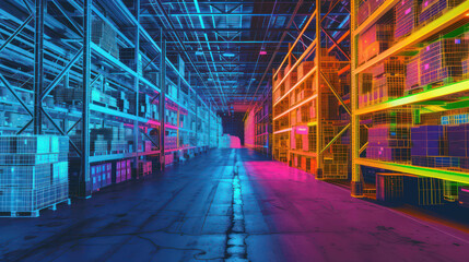 Futuristic neon warehouse interior with organized shelves and goods - obrazy, fototapety, plakaty