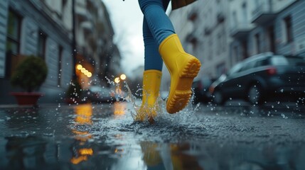 Feet in yellow rubber boots rain puddle on city street background, fun in the rain, lifestyle.