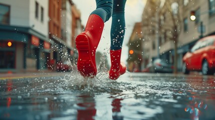 Feet in red rubber boots rain puddle on city street background, fun in the rain, lifestyle.