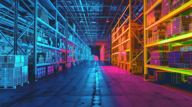 Futuristic neon warehouse interior with organized shelves and goods